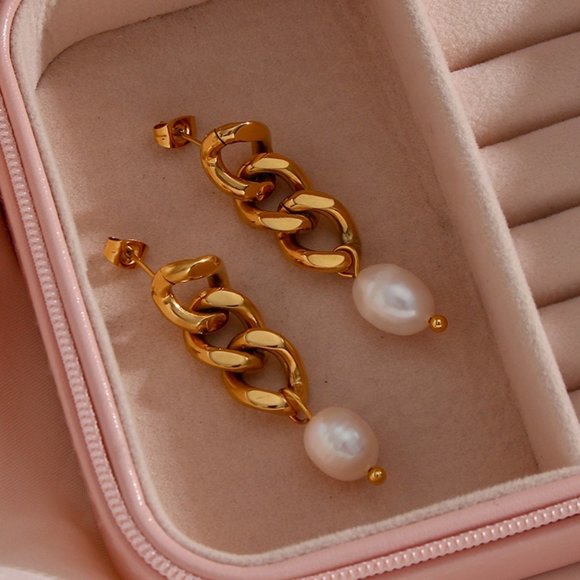 Fresh Water Pearl‎ Gold Chain Drop Earrings 18K Gold Plated Stainless Steel - Picture 7 of 13